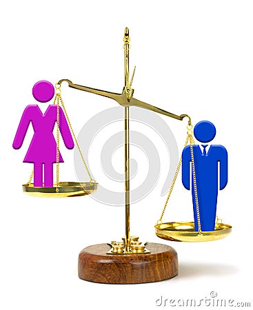 Man on scale outweighing woman representing inequality in pay and opportunities Stock Photo